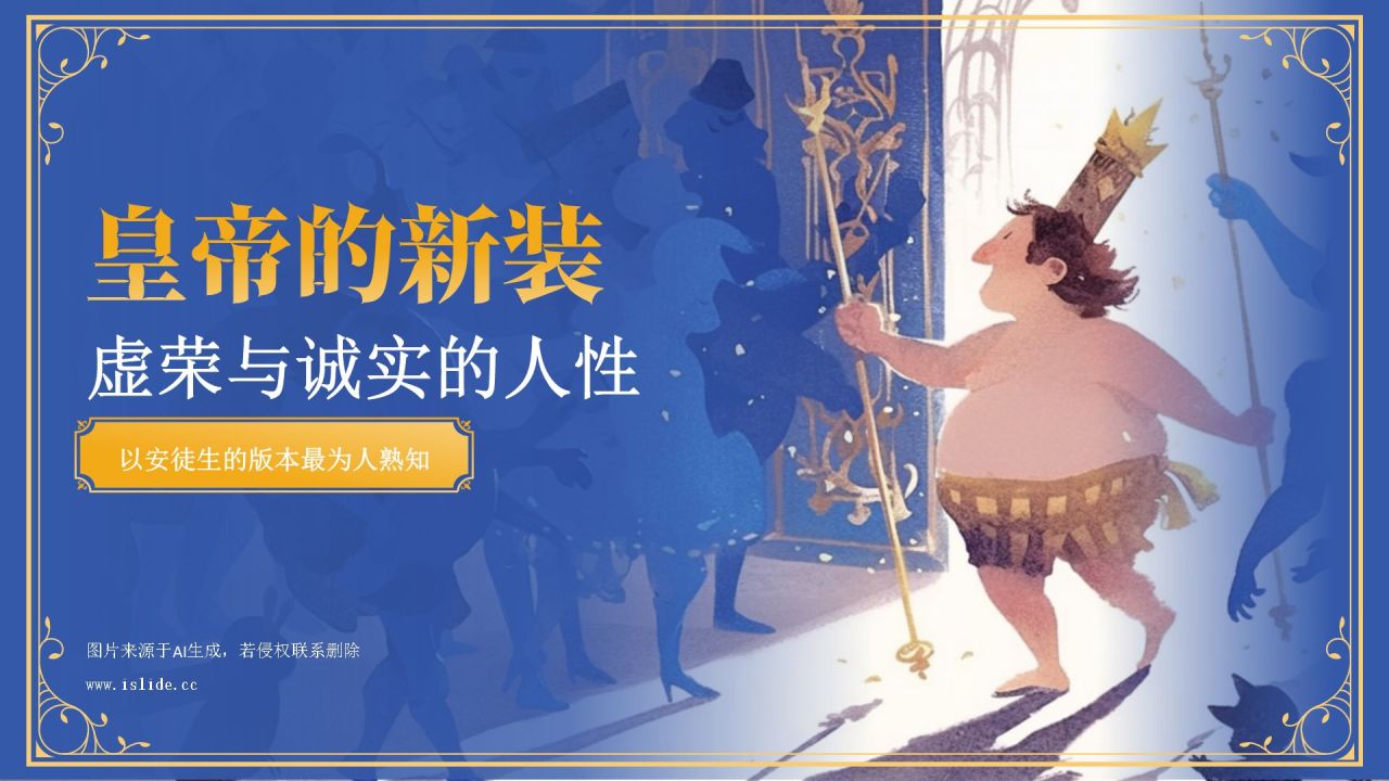 蓝色复古风《 皇帝的新装》童话故事PPT模板