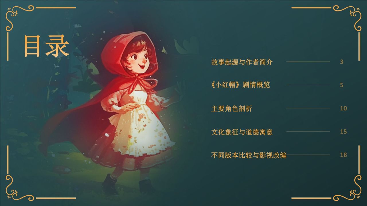 绿色复古风《小红帽》童话经典PPT模板