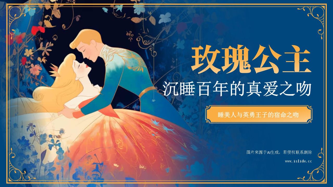 蓝色复古风《玫瑰公主》童话故事PPT模板