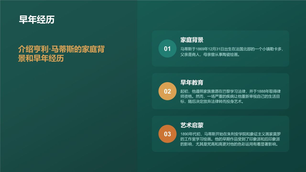 绿色复古风世界画家:马蒂斯介绍PPT模板