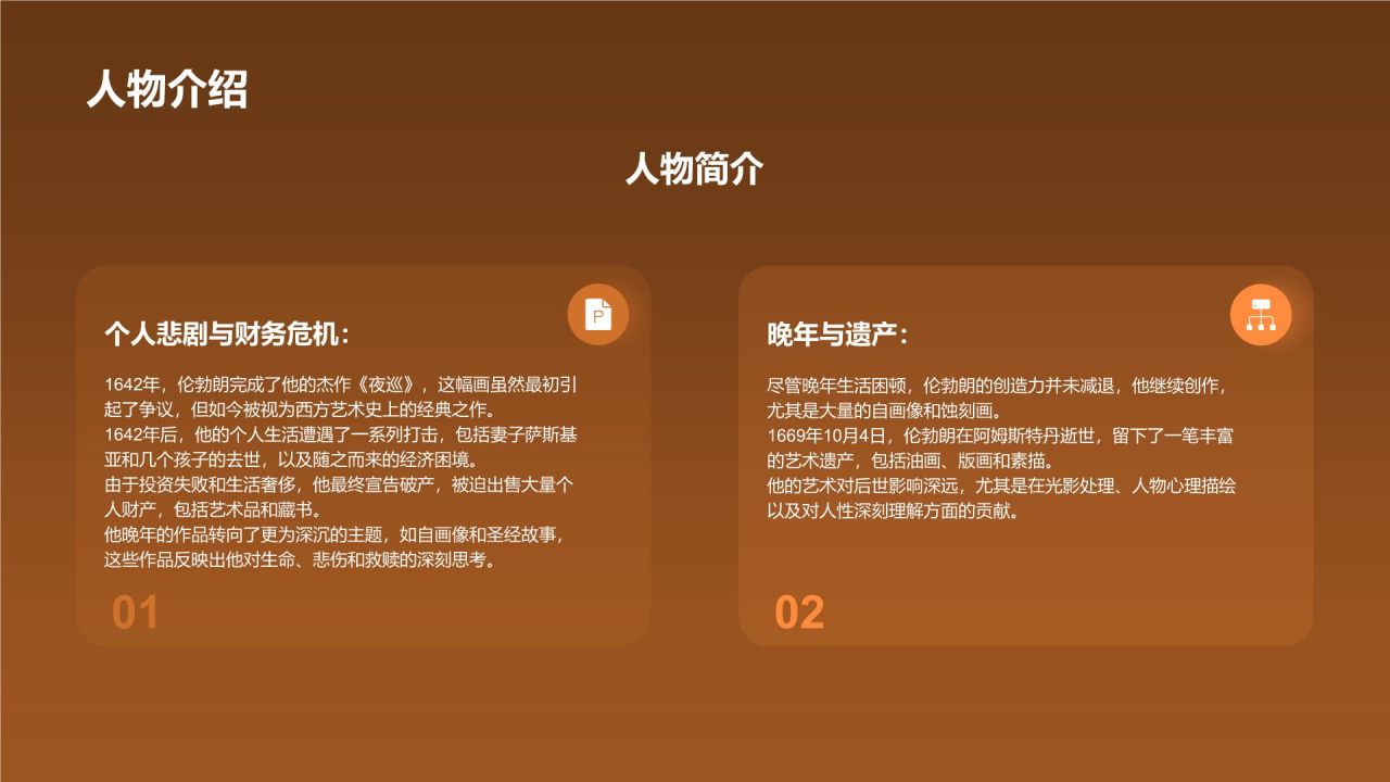 橙色复古风伦勃朗·哈尔曼松·凡·莱因——荷兰最伟大的画家PPT模板