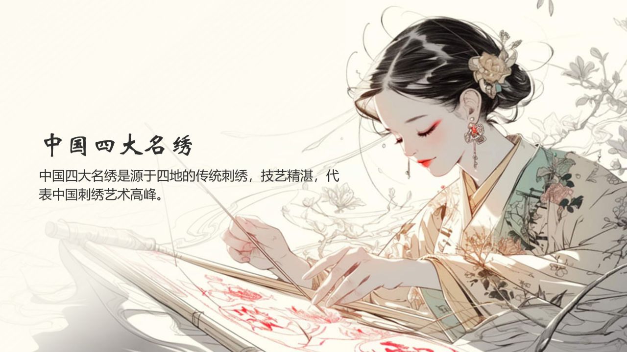 黄色水墨风中国十大国粹——刺绣PPT模板