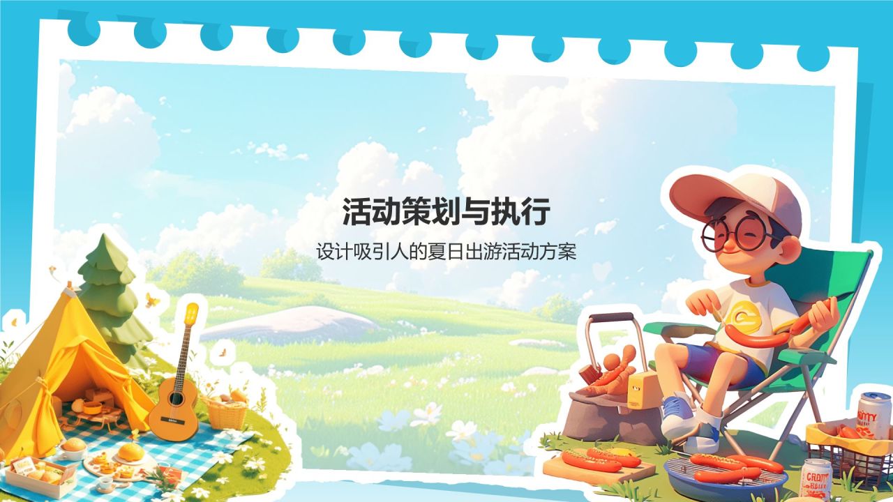 蓝色插画风夏日出游活动策划PPT模板