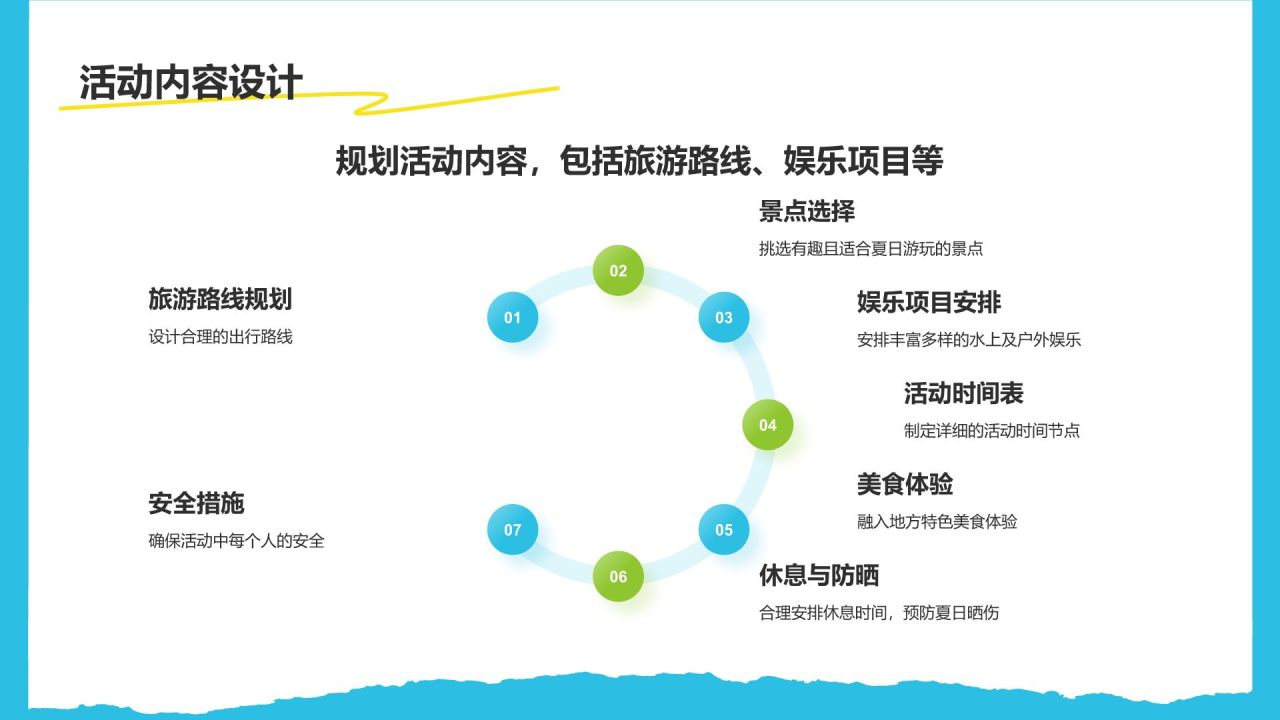 蓝色插画风夏日出游活动策划PPT模板