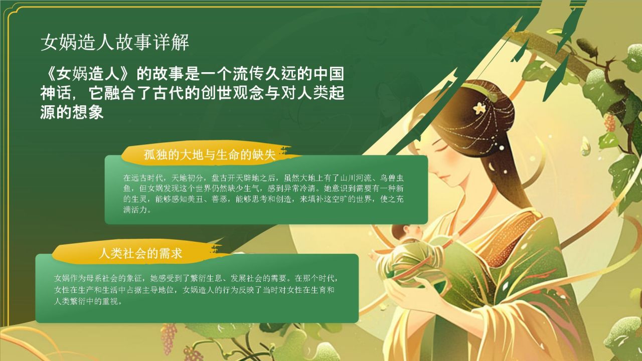 绿色国潮风女娲造人——中国古代神话故事系列解读PPT模板