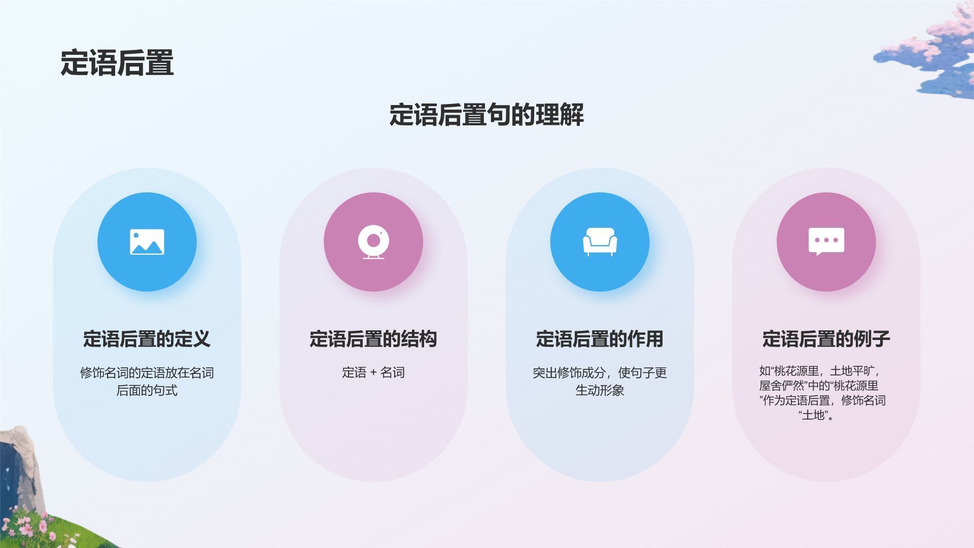 蓝色插画风桃花源记语文教学课件PPT模板