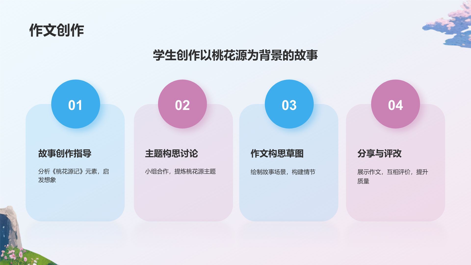 蓝色插画风桃花源记语文教学课件PPT模板