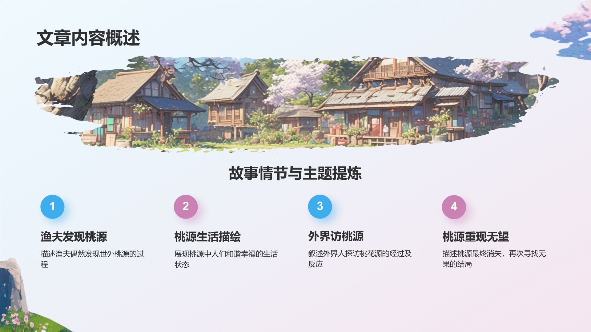 蓝色插画风桃花源记语文教学课件PPT模板