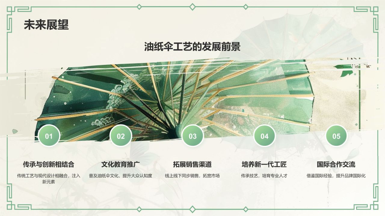 绿色水墨风油纸伞传统工艺知识普及PPT模板