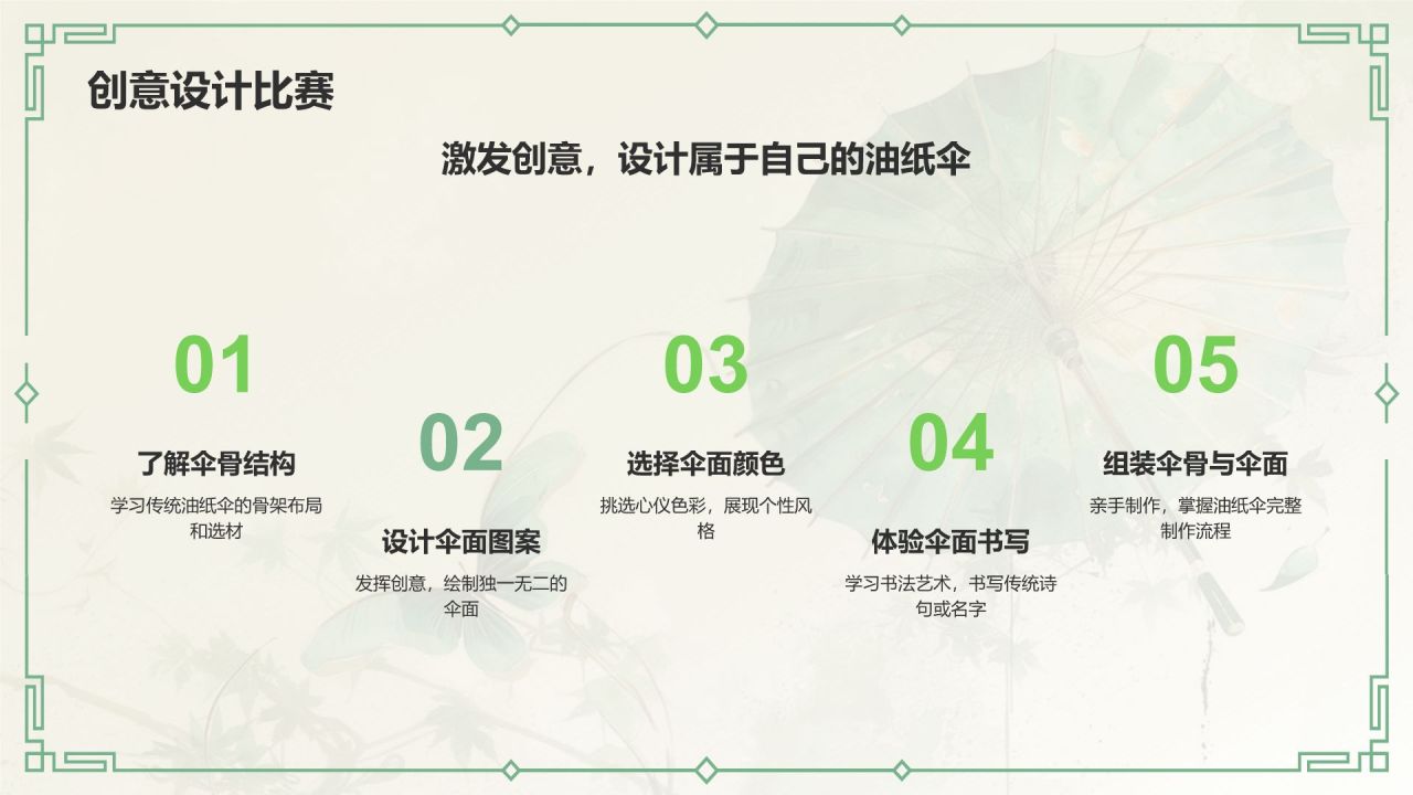 绿色水墨风油纸伞传统工艺知识普及PPT模板