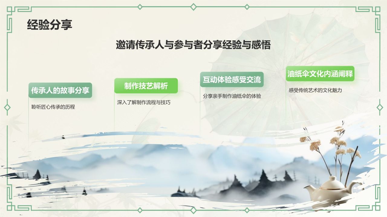 绿色水墨风油纸伞传统工艺知识普及PPT模板