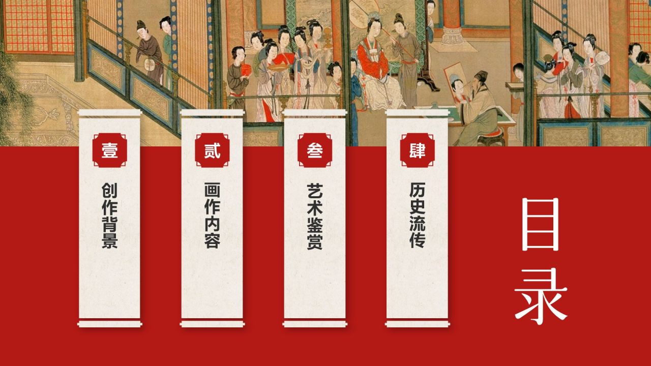 红色复古风中国十大传世名画——汉宫春晓图PPT模板