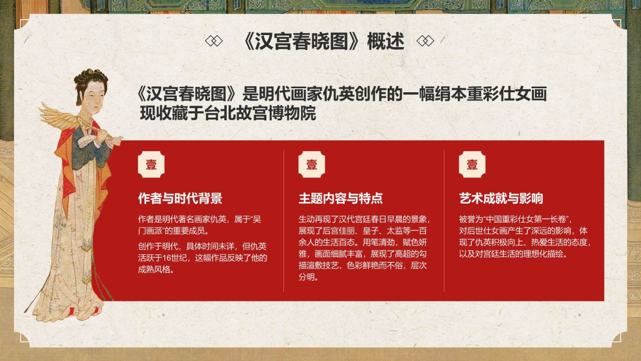 红色复古风中国十大传世名画——汉宫春晓图PPT模板