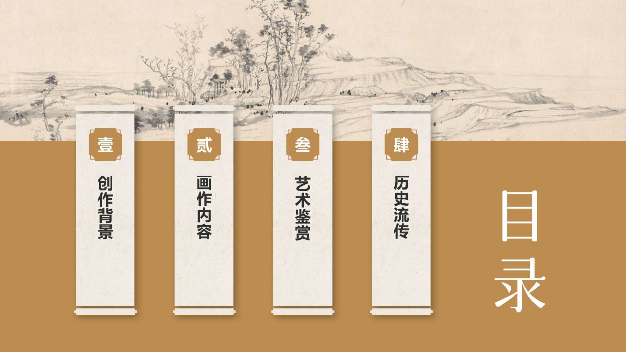 橙色复古风中国十大传世名画——富春山居图PPT模板