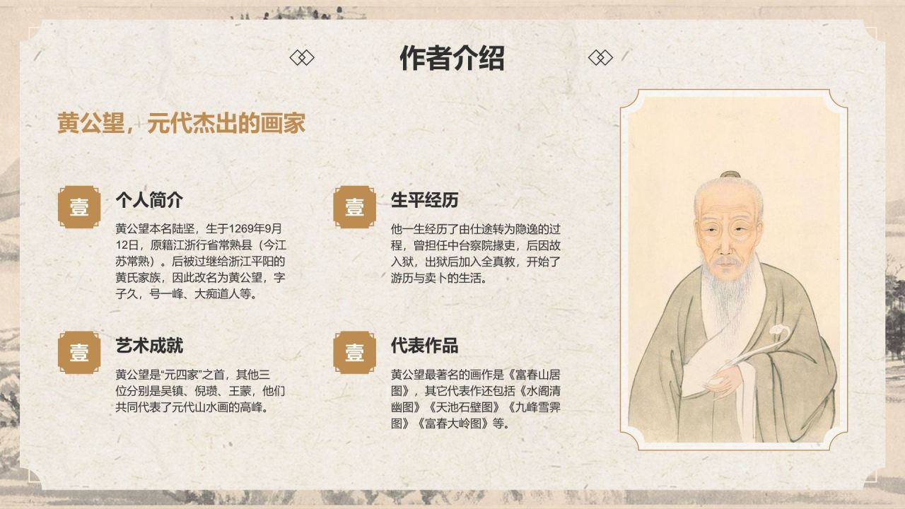 橙色复古风中国十大传世名画——富春山居图PPT模板