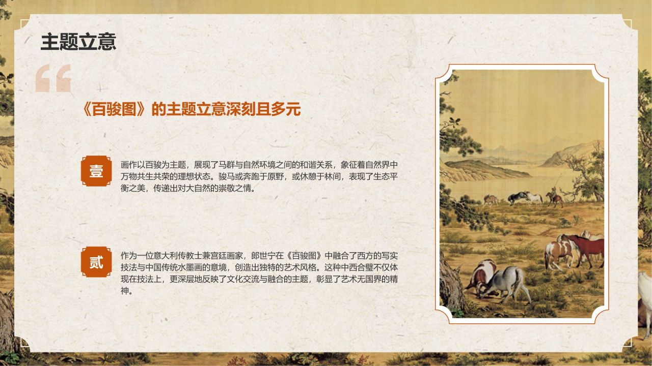 橙色复古风中国十大传世名画——百骏图PPT模板