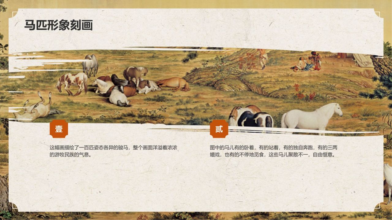 橙色复古风中国十大传世名画——百骏图PPT模板