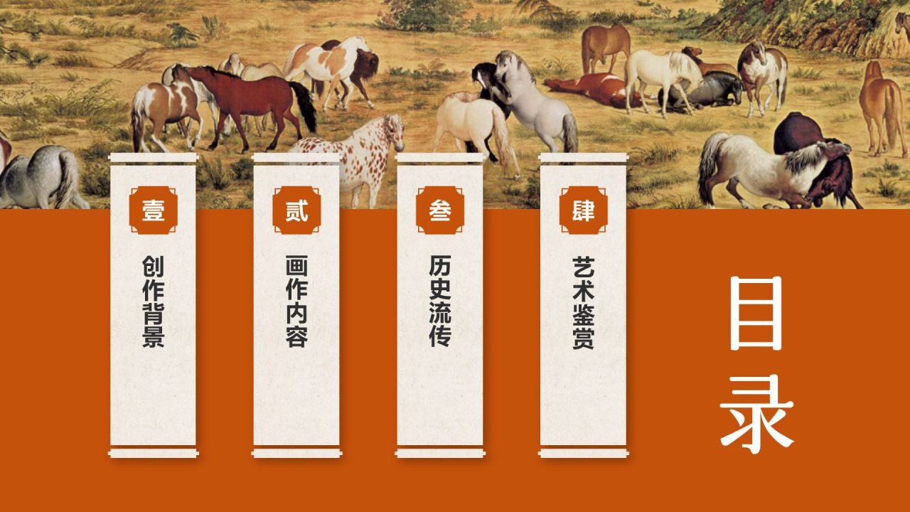 橙色复古风中国十大传世名画——百骏图PPT模板