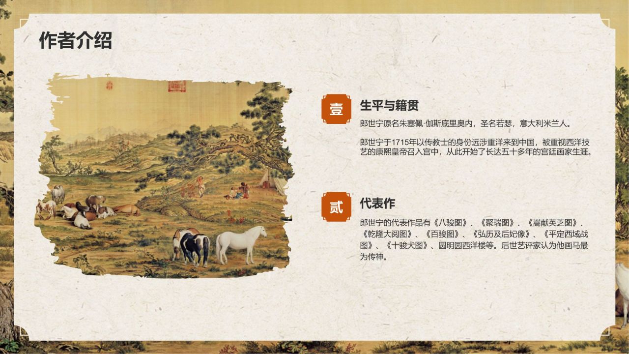 橙色复古风中国十大传世名画——百骏图PPT模板