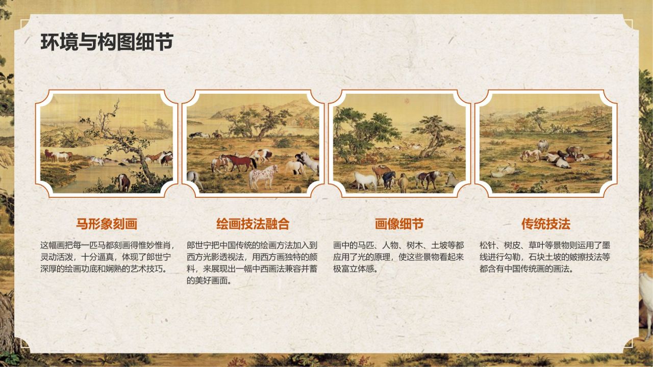 橙色复古风中国十大传世名画——百骏图PPT模板