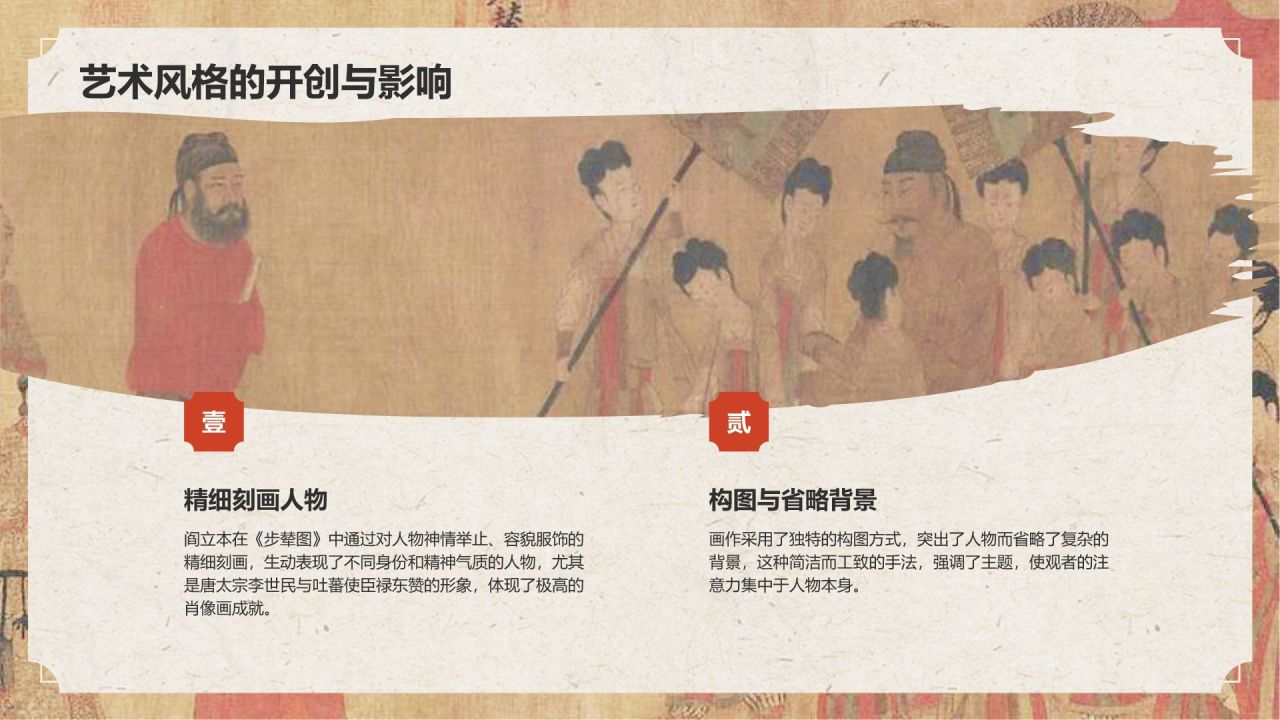 红色复古风中国十大传世名画——步辇图PPT模板