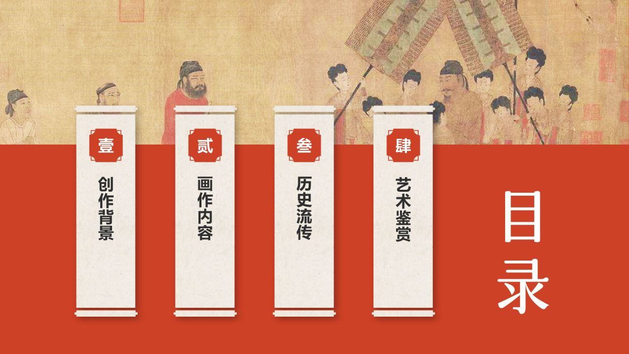 红色复古风中国十大传世名画——步辇图PPT模板