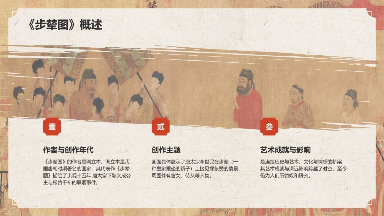红色复古风中国十大传世名画——步辇图PPT模板