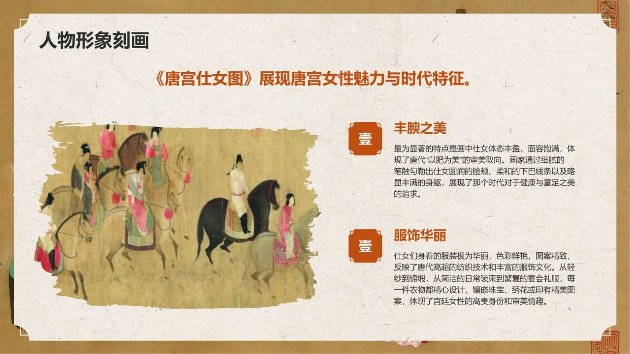 橙色复古风中国十大传世名画——唐宫仕女图PPT模板
