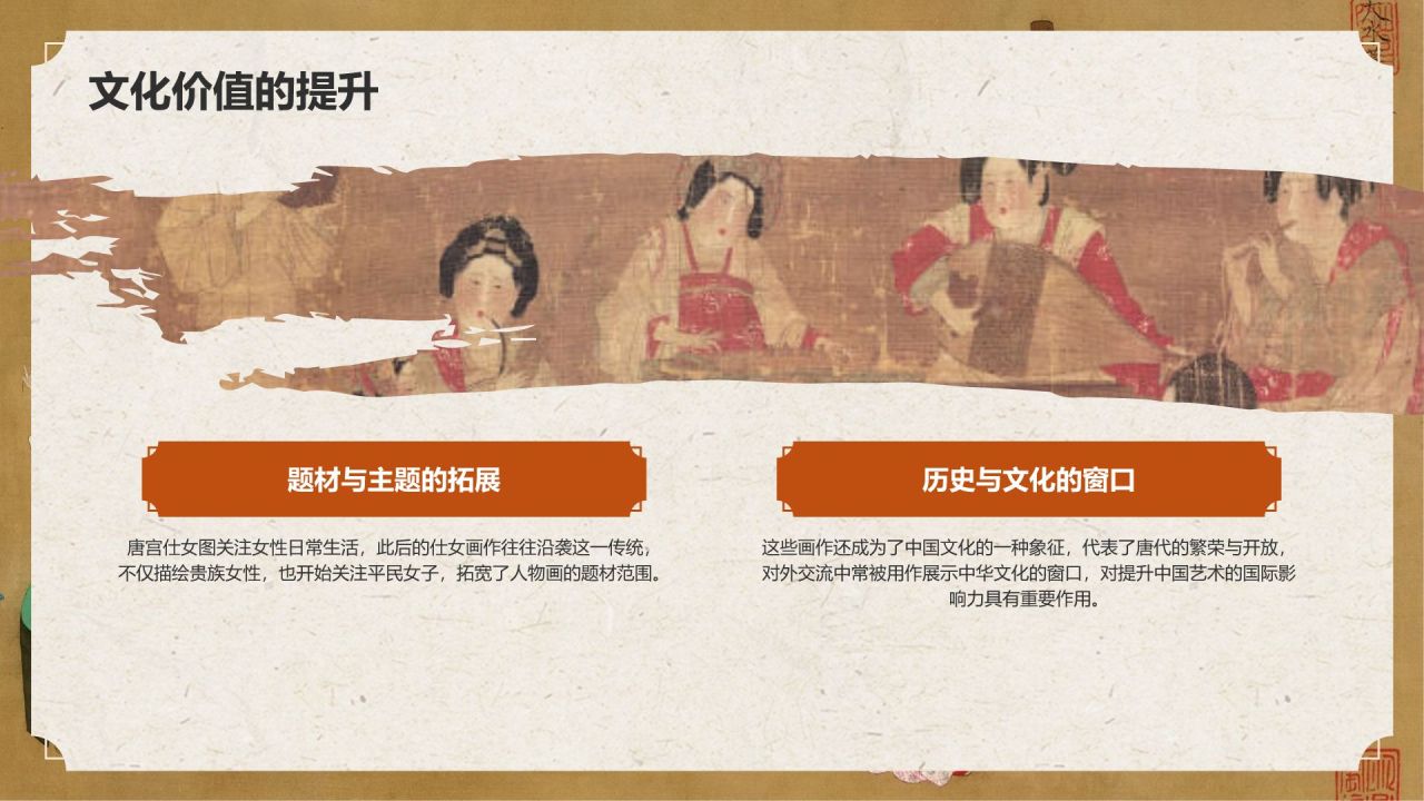 橙色复古风中国十大传世名画——唐宫仕女图PPT模板