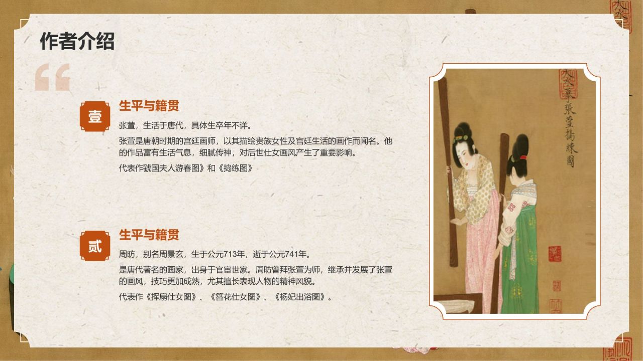 橙色复古风中国十大传世名画——唐宫仕女图PPT模板