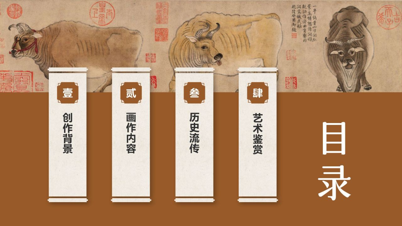 橙色复古风中国十大传世名画——五牛图PPT模板