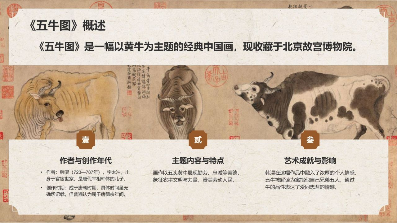 橙色复古风中国十大传世名画——五牛图PPT模板