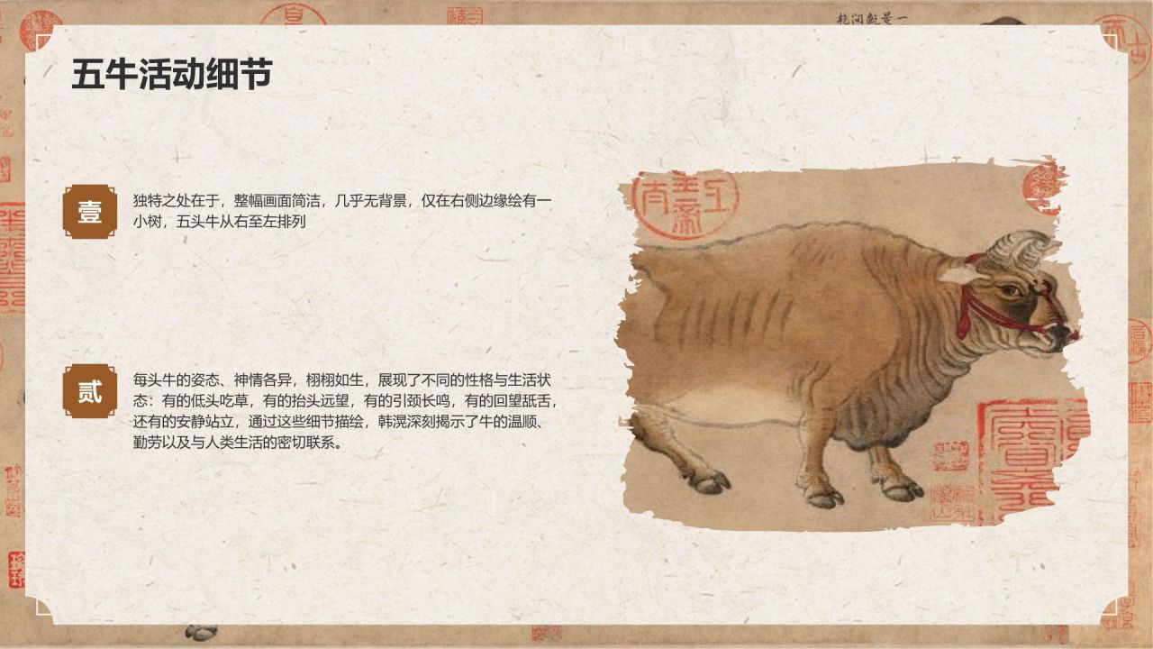 橙色复古风中国十大传世名画——五牛图PPT模板