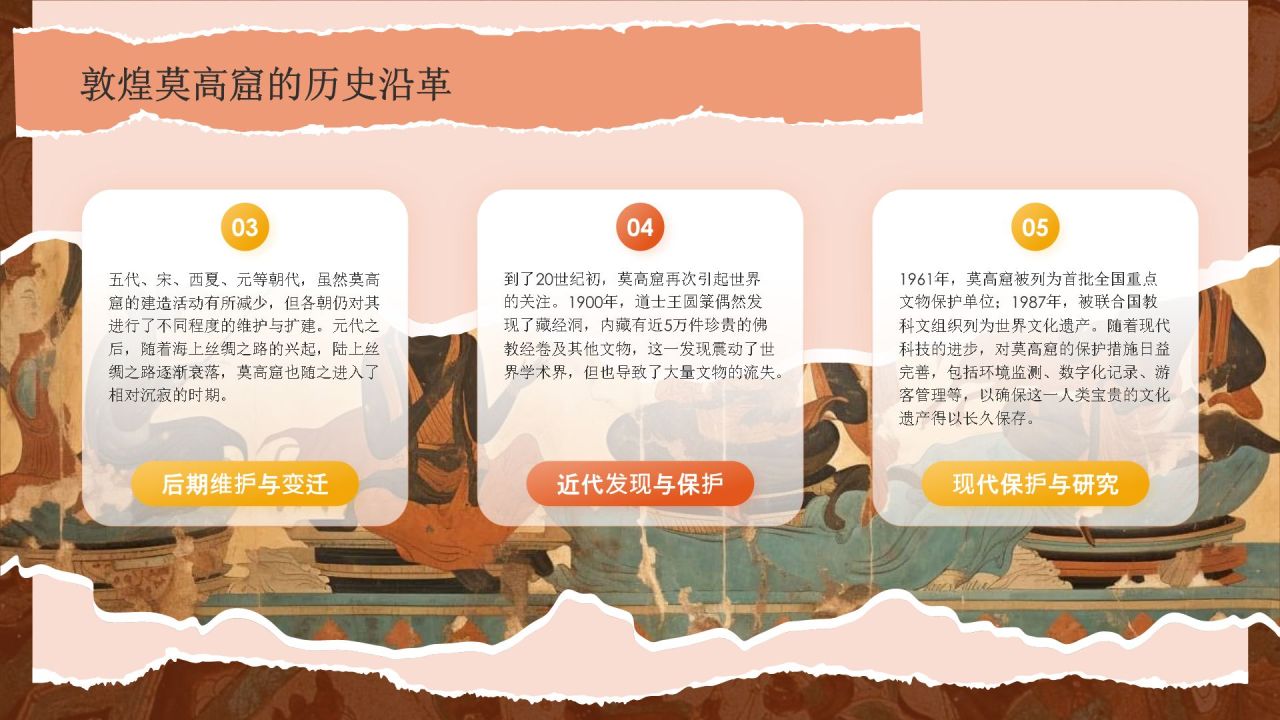 橙色国潮风文化遗产敦煌莫高窟 —— 丝绸之路的璀璨明珠PPT模板