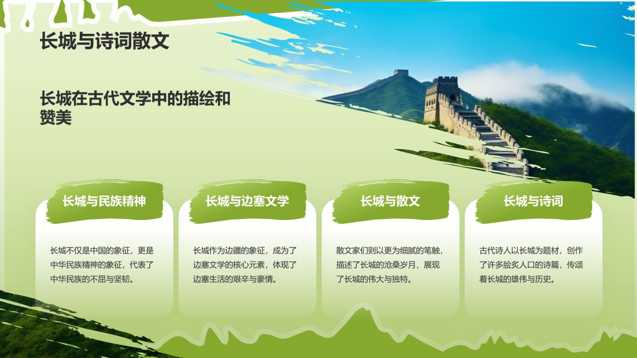 绿色扁平风文化遗产——万里长城知识普及PPT模板