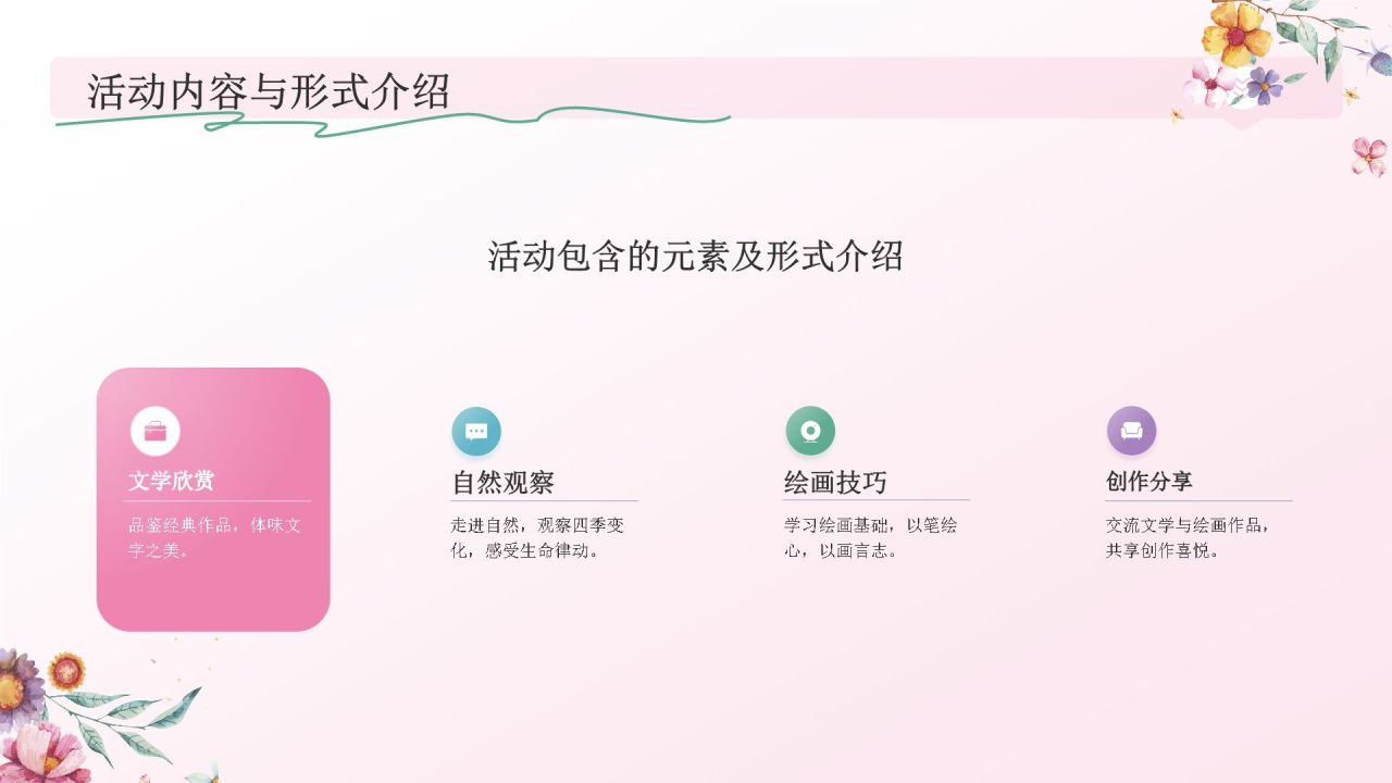 粉色手绘风花开四季，笔绘人生——文学与自然之美PPT模板