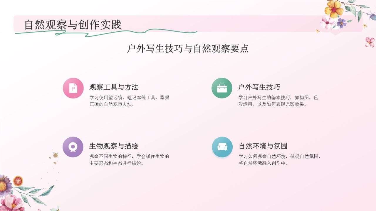 粉色手绘风花开四季，笔绘人生——文学与自然之美PPT模板