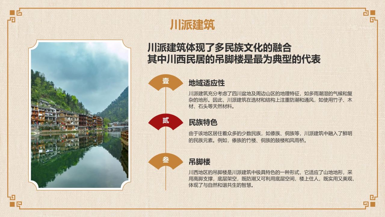 橙色复古风中式建筑派系介绍PPT模板
