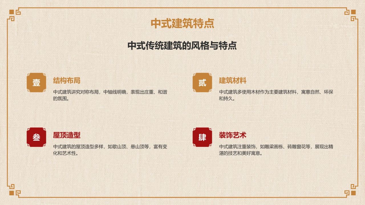 橙色复古风中式建筑派系介绍PPT模板