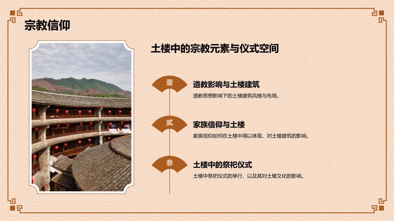 橙色复古风中式建筑派系介绍之闽派建筑PPT模板