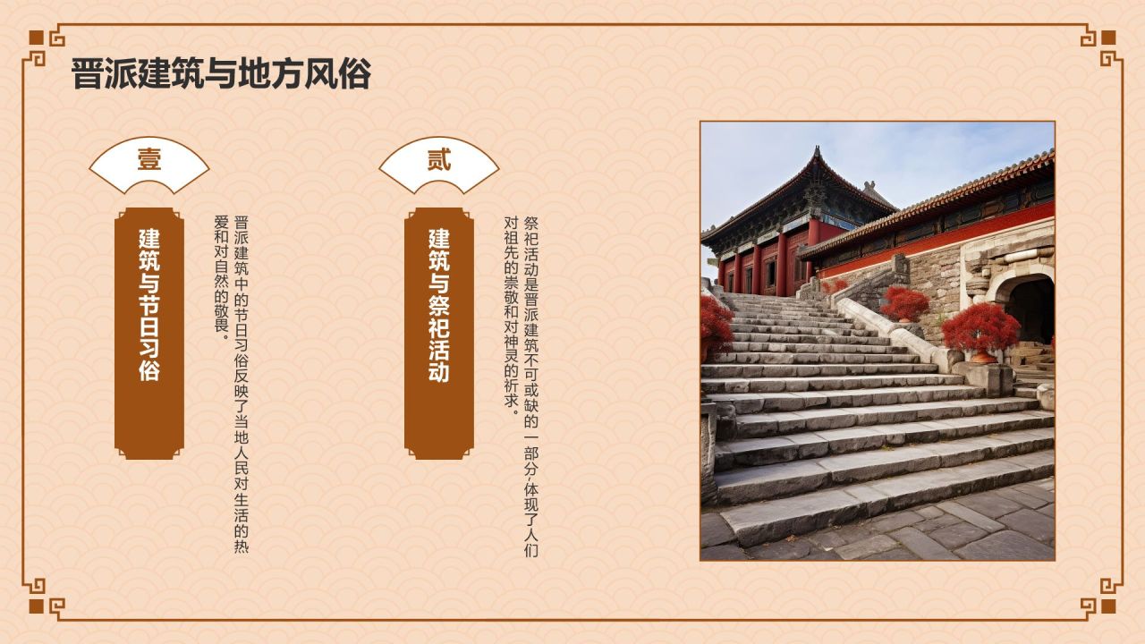 橙色复古风中式建筑派系介绍之晋派建筑PPT模板