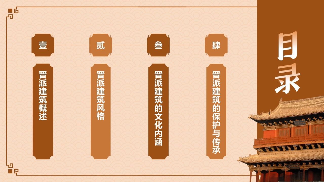 橙色复古风中式建筑派系介绍之晋派建筑PPT模板
