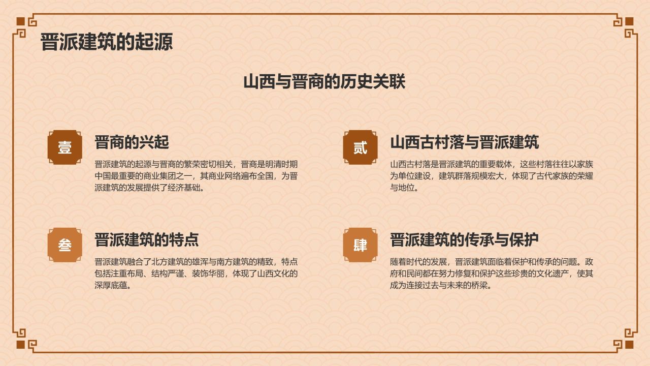 橙色复古风中式建筑派系介绍之晋派建筑PPT模板