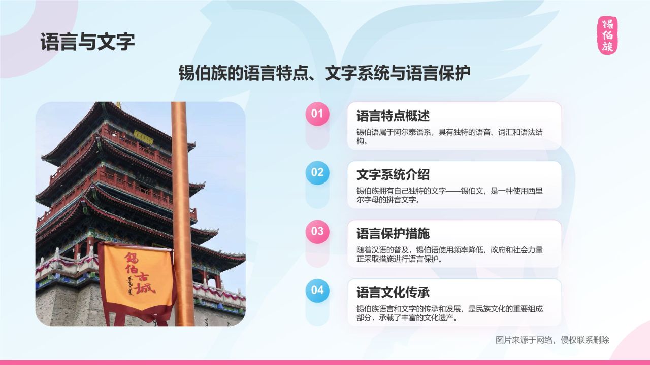 蓝色插画风锡伯族介绍PPT模板