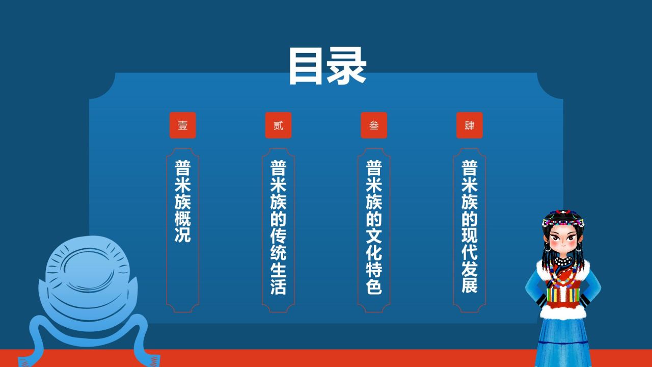 蓝色插画风普米族介绍PPT模板