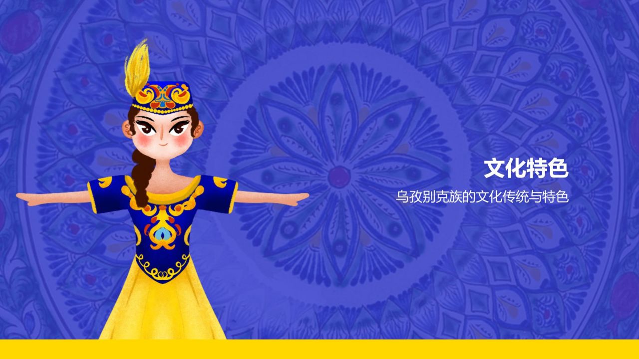 蓝色插画风乌孜别克族介绍PPT模板