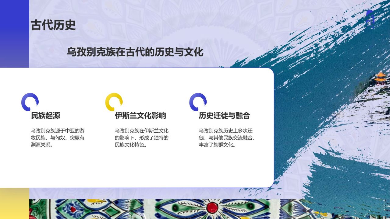 蓝色插画风乌孜别克族介绍PPT模板