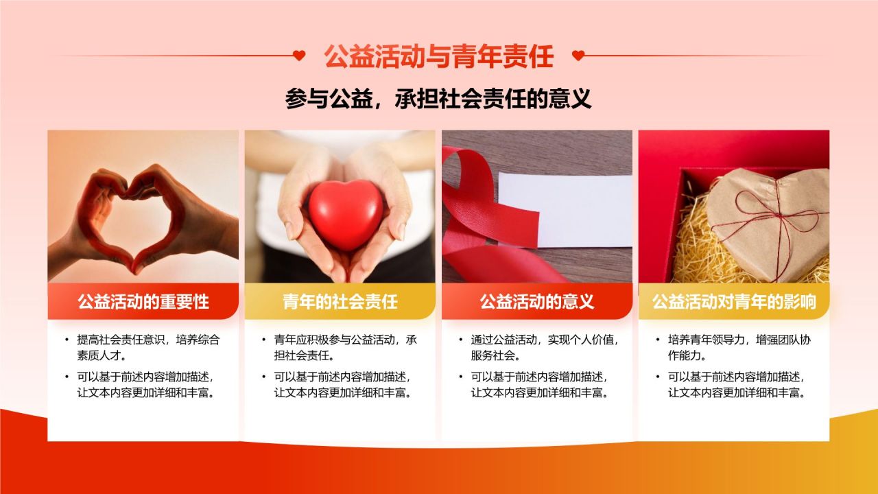 红色喜庆风“将爱传递,益路同行”大学生公益活动PPT模板