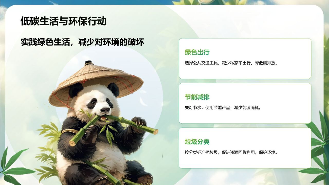 绿色three-d大熊猫保护动物知识科普PPT模板