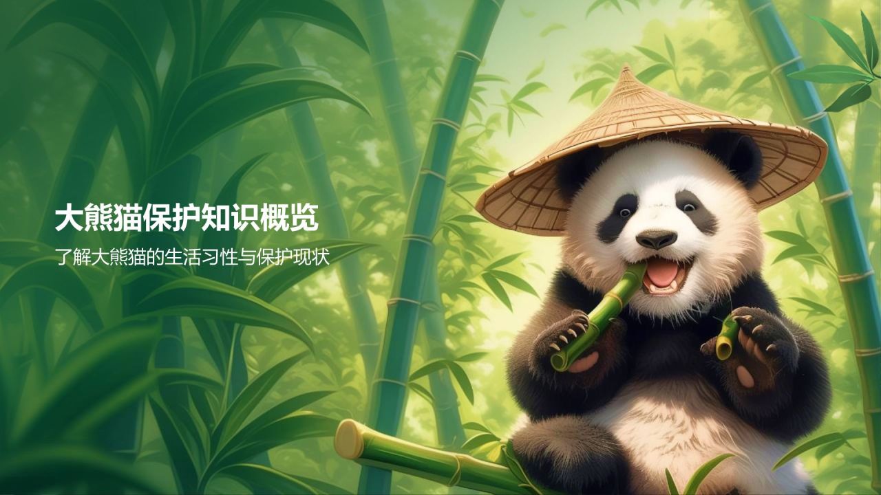 绿色three-d大熊猫保护动物知识科普PPT模板